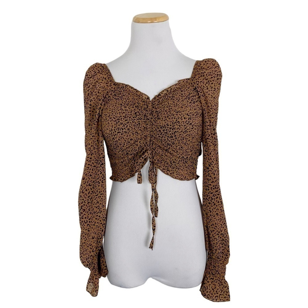 NWT Blush J Cheetah Smocked Crop Puff Sleeve Top Size Small